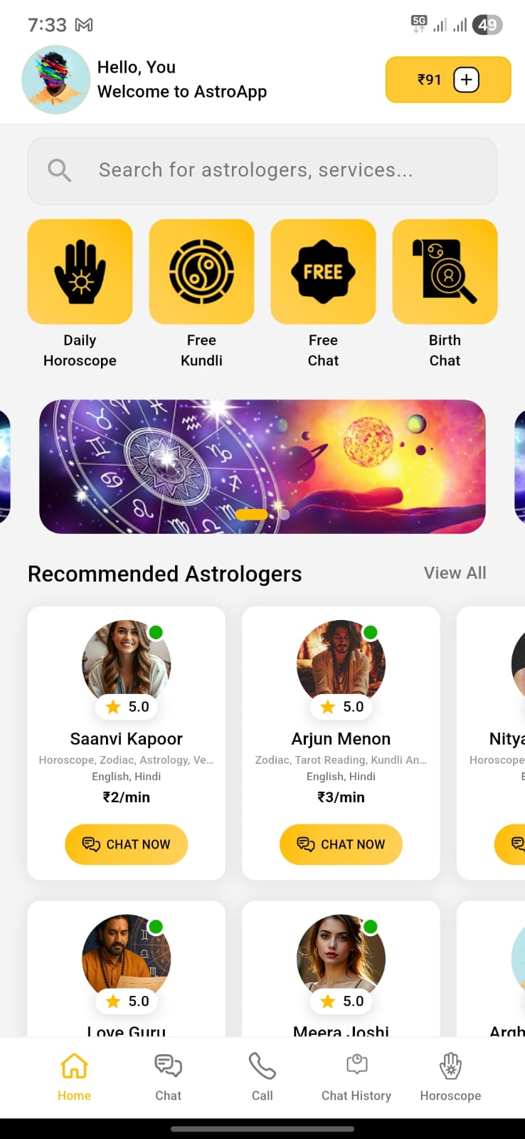 AstroApp application screenshot showing dashboard, horoscope, and astrologer profiles